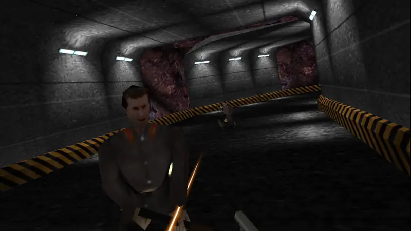 A guard up close in the Dam tunnels, seen in stereo VR over the player's gun
